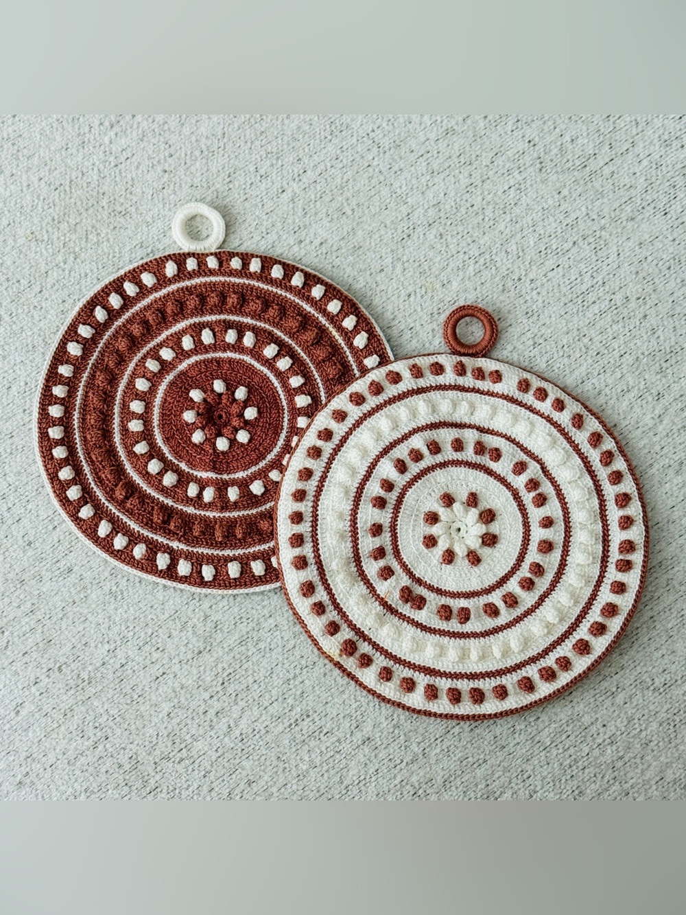 Vintage 70s Handmade Round Crochet Pot Holders Cream and Rust Brown